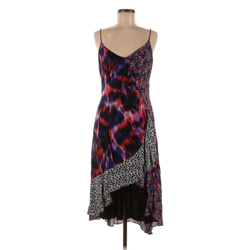Parker Patchwork Midi Dress Floral Animal Print Silk Blend Ruffles